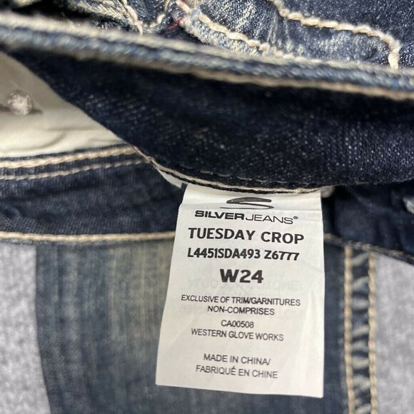 Silver Jeans Tuesday Crop Womens 24 Blue Denim Distressed Whiskered Stretch New - Picture 9 of 12
